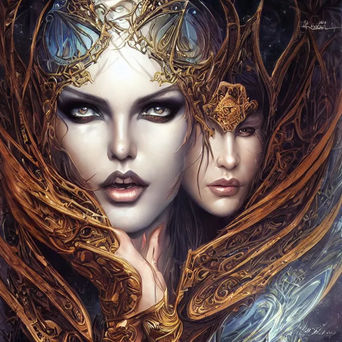 Image similar to a highly detailed symmetrical painting of a sorceress with piercing beautiful eyes, dark tomb setting, dynamic lighting, ambient lighting, deviantart, art by artgerm and karol bak and mark brooks