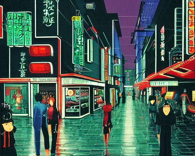 Image similar to cozy soft neon street with in a cyberpunk city on a rainy melancholy tokyo night in 1 9 9 6 by de chirico