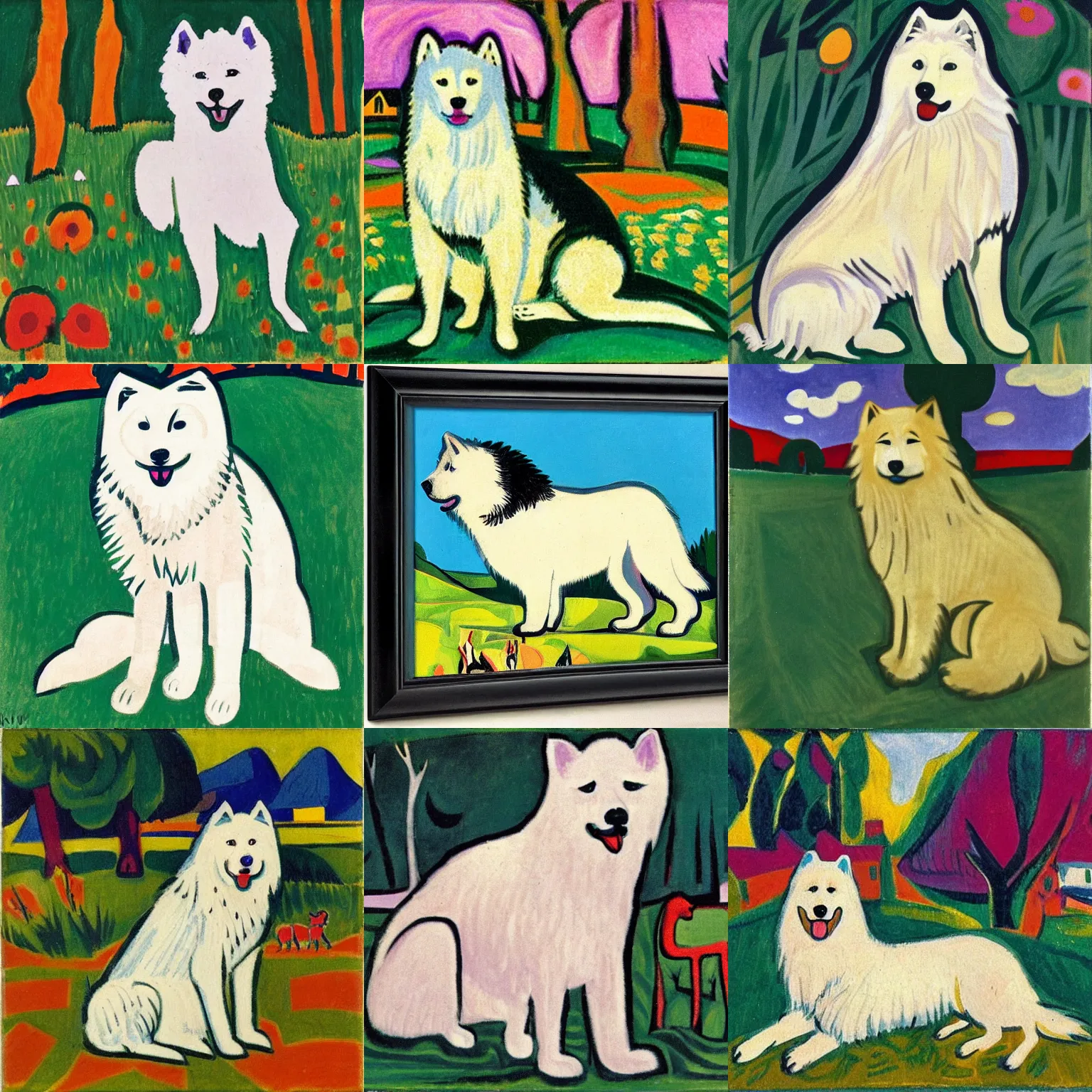 Image similar to a samoyed dog sitting in the middle of sunny meadow, by ernst ludwig kirchner