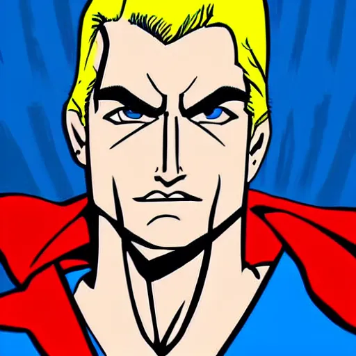 Image similar to portrait of a evil blonde superman with blonde hair he is blinde and thin face lines, his cape is the american flag, he is angry