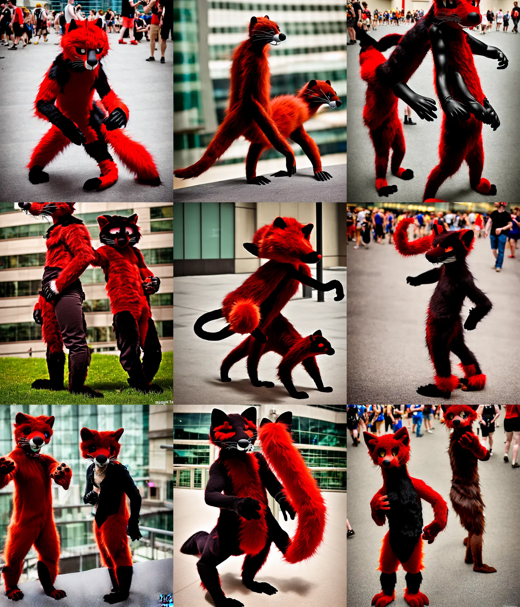 Image similar to fullbody photoshoot photo portrait of a roguish male red - black furred weasel furry fursuiter ( tail attached ), taken at anthrocon ( furry convention )