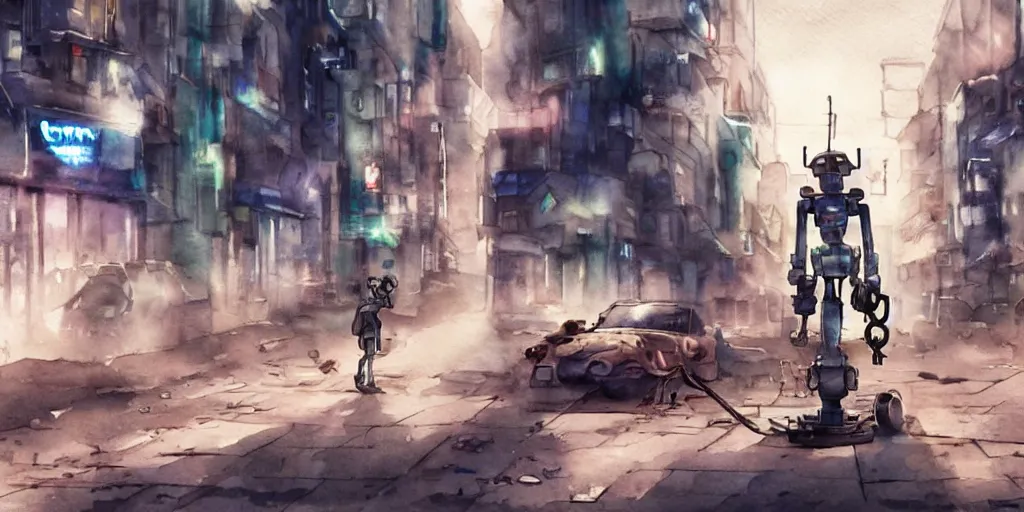 Prompt: watercolour painting of a broken robot repairing its own arm in a post apocalyptic city street, anime, pencil lines, light watercolour, pale sky, beautiful artwork, anime screenshot, akihabara