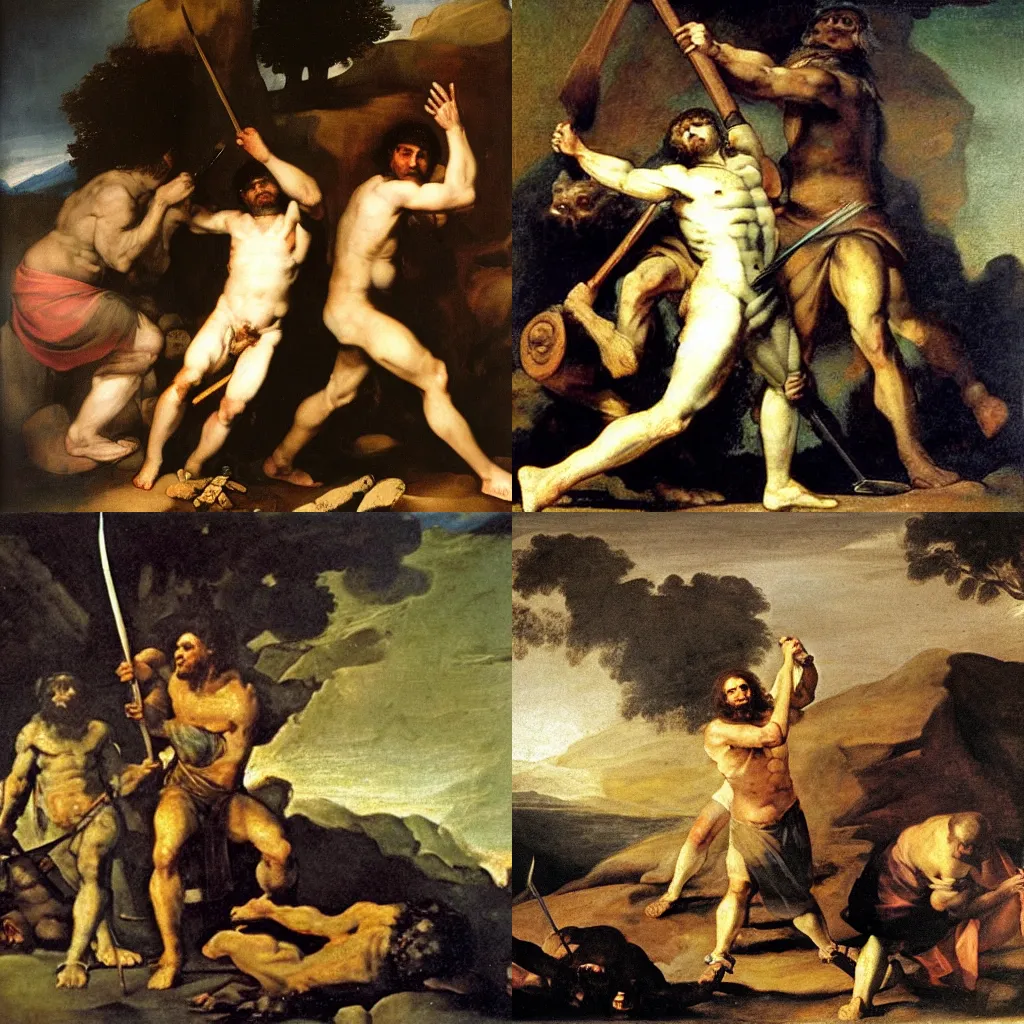 Prompt: highly detailed, uhd, Cain slays Abel with a spear, by francisco goya, mythological painting, oil painting, renaissance