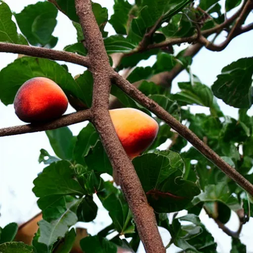 Prompt: a new fruit that us a mix of a fig a peach and a strawberry hangs on a tree