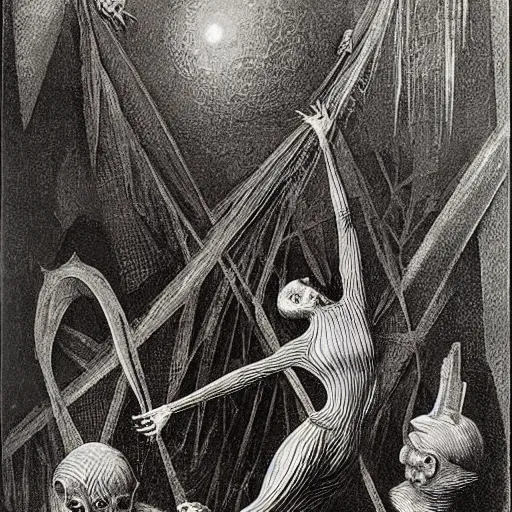 Image similar to in silvery webs, very detailed, by Max Ernst, by Francisco Goya, by M.C. Escher, beautiful, eerie, surreal, colorful