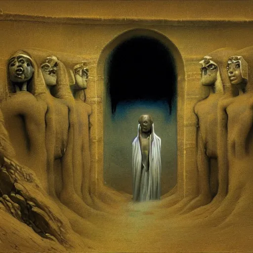 Prompt: a creepy 8K RESOLUTION OIL PAINTING OF an african moor wearing white robes in the valley of the kings, BY Zdzislaw Beksinski and thomas blackshear in surreal style, retrowave