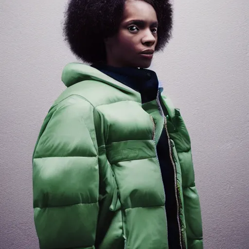 Image similar to realistic! photoshoot for a new balenciaga lookbook, color film photography, portrait of a beautiful woman wearing a puffer jacket, photo in style of tyler mitchell, fisheye lens