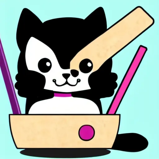 Prompt: kids drawning of a cute kitten with panda body and cat face, in a kimono, holds a sword, by a six years old 4 k