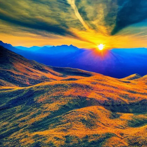 Image similar to Chill wallpaper of mountains in front of a sunset, highly detailed, colourful, peaceful