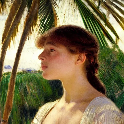 Image similar to a ultradetailed beautiful painting of a girl in the amazonas palace designed by jules bastien - lepage, hans belmer, frank weston and gustave baumann, beach, trending on artstation, mediterranean, palm trees, light sparkles, sharp focus, soft light, 8 k 4 k