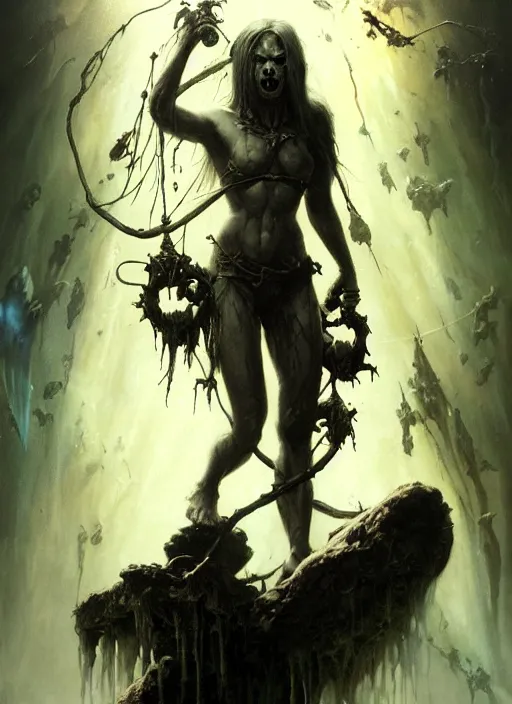 Image similar to shackled in styx river of the underworld, frank frank frazetta and cgsociety, stunning sasquatch, blood splatters, charlie bowater and tom bagshaw, insanely detailed, deviantart, space art, atoms surrounded by skulls, death, and spirits flying, water fall, horror, sci - fi, surrealist painting, by peter mohrbacher