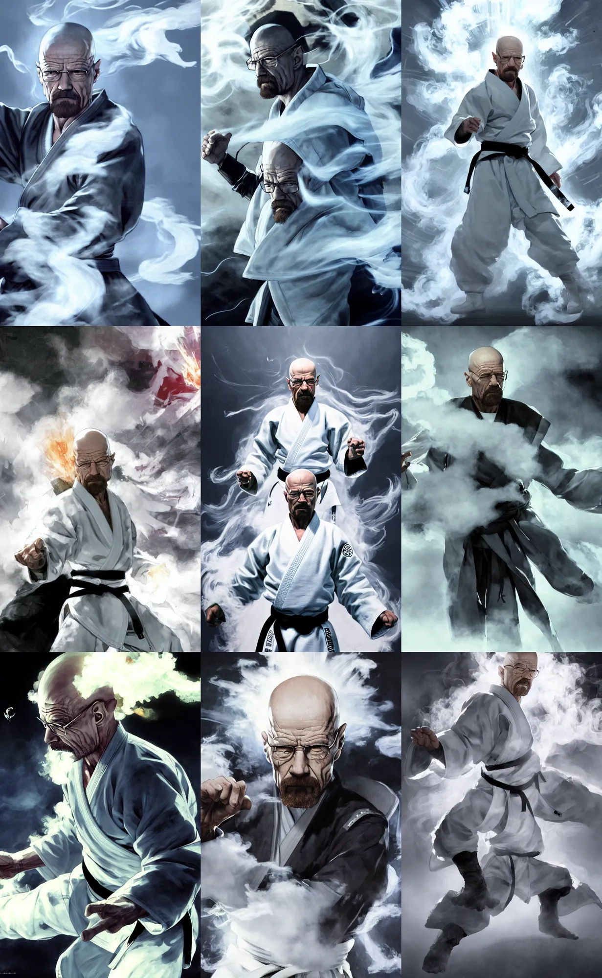 Prompt: Epic Concept art of grandmaster walter white wearing a white martial artist gi, fighting pose, bald head and white beard, emanating white smoke, fog fills the area, character surrounded by wispy smoke, plain background, by Chen Uen, art by Yoji Shinkawa, 4k