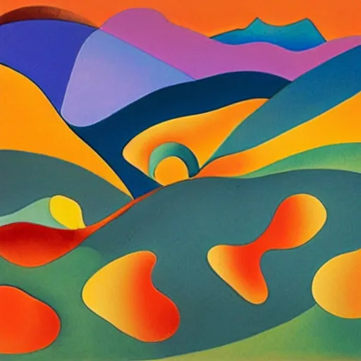 Image similar to woman as the natural landscape, her curves form the mountains and rivers of the land , high quality art in the style of cubism and georgia o’keefe,