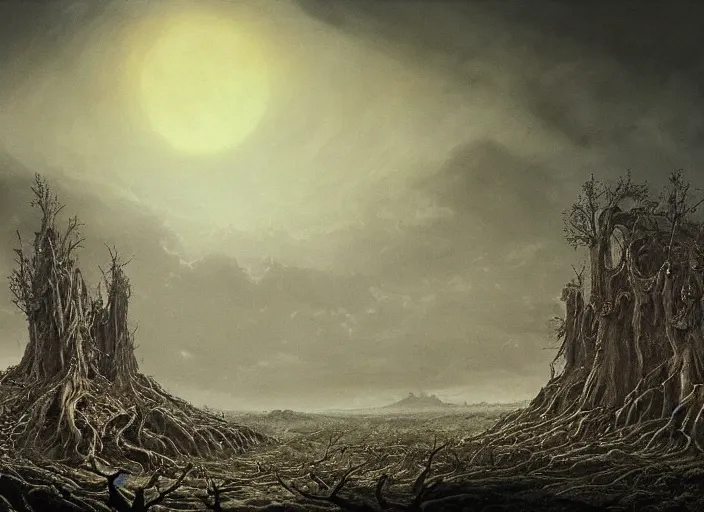 Image similar to a dramatic matte painting of The Tomb in the dystopian landscape is opening through the ground, the dead has arisen under the glowing moon, dead trees and a brooding landscape by Giger and Dariusz Zawadzki and Beksinski