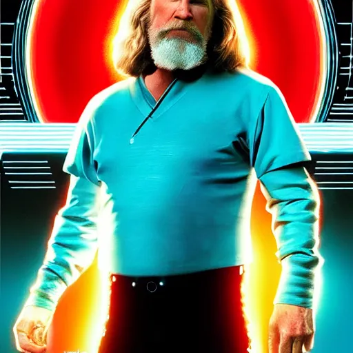 Image similar to jeff bridges as the dude lebowski in tron realm, photorealistic movie still, detailed 8 k, poster style, high resolution