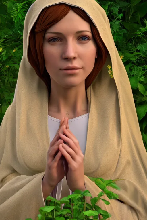 Image similar to a highly detailed and realistic photo of the virgin mary cosplay on a garden, artstation, 4 k, correctly anatomy, good light