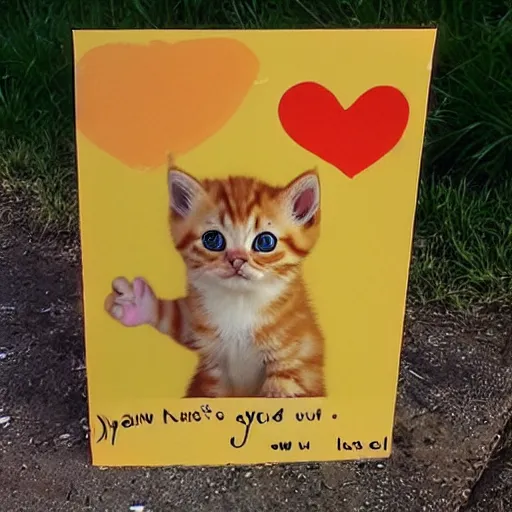 Image similar to cute fluffy orange tabby kitten with a sign that says