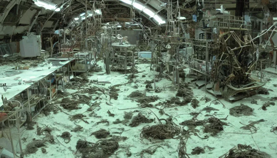 Image similar to Big budget horror movie, science factory on the ocean floor