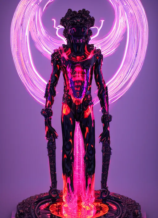 Prompt: photo of fullbodied baroque and bladerunner delicate neon hellfire sculpture of seductive brimstone black albino marble prince tyson ballou orange iridescent humanoid deity wearing red plastic hooded cloak holding an glass skull in a onyx alien dungeon, reclining, glowing magenta face, crown of white diamonds, cinematic lighting, photorealistic, octane render 8 k depth of field 3 d