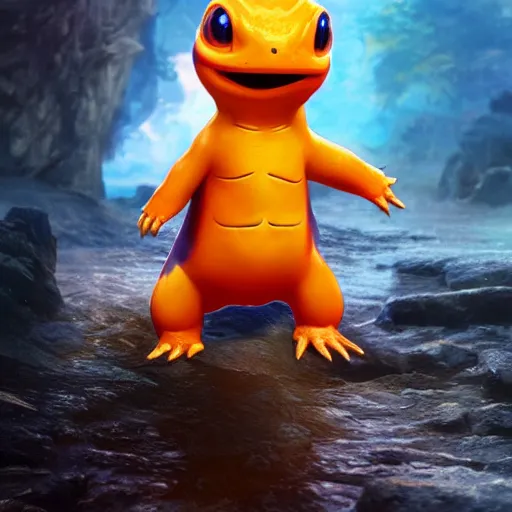 Image similar to a charmander made of water, ultra realistic, concept art, intricate details, highly detailed, photorealistic, octane render, 8 k, unreal engine, art by frank frazetta, simon bisley, brom