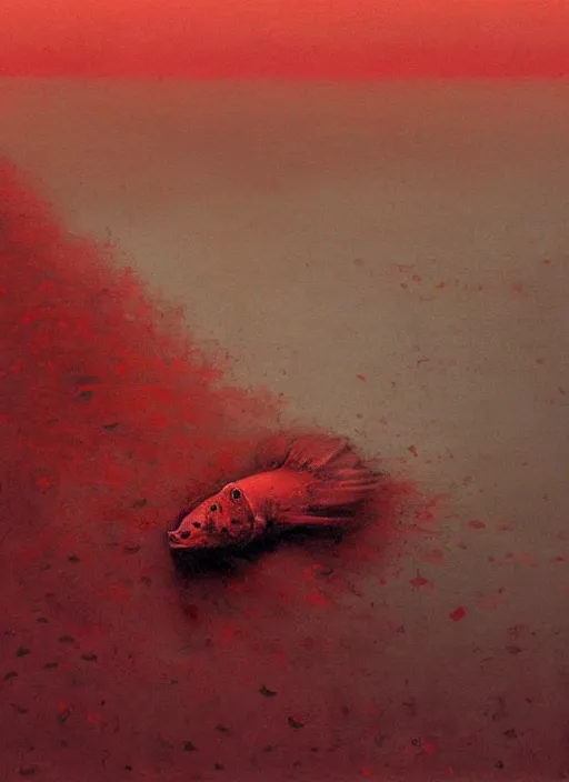 Image similar to dead river, dead fish, poland, red color, highly detailed, 8 k, artstation, beutifull, masterpiece by beksinski