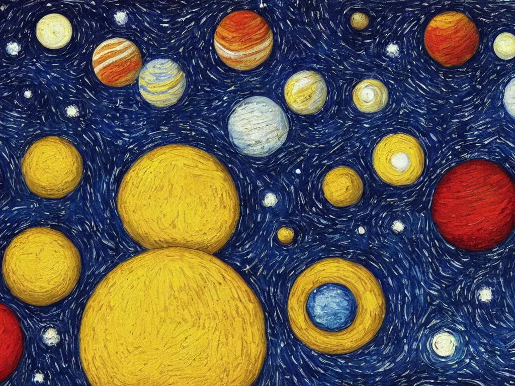 Image similar to A beautiful painting of a five planets by Gioele Muscolino and Van Gogh, There are only five planets that are black, white, yellow, red, and blue, behind the galaxy and the universe, Trending on artstation, starry sky