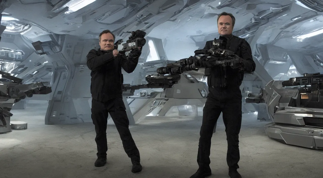 Prompt: david hewlett as dr. rodney mckay from stargate atlantis shooting a p 9 0 at a wraith cruiser ship that is landing on an alien planet. still from tv show, cinematic framing, cinematic lighting, hdr, hdd, volumetric, photograph, 1 / 3 0 0 shutter speed using a nikon dslr with a 6 0 mm lense