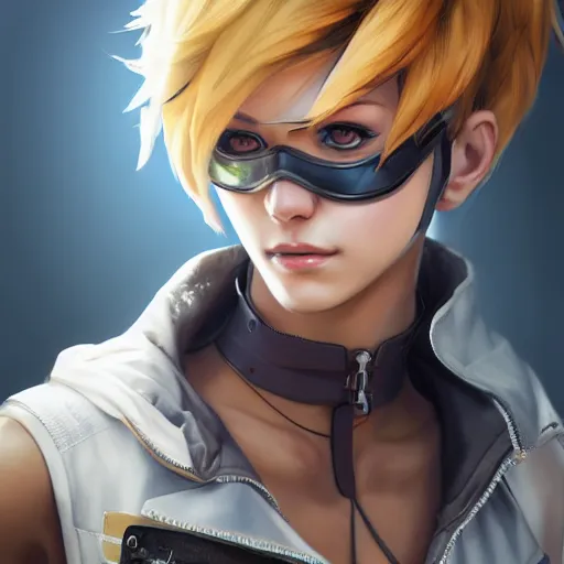 Image similar to a highly detailed portait of tracer from overwatch as nier automata cain, digital art, pretty face, muscular, very beautiful face, very detailed eyes, 8 k resolution, digital painting, by james gurney wlop, greg rutkowski, full body