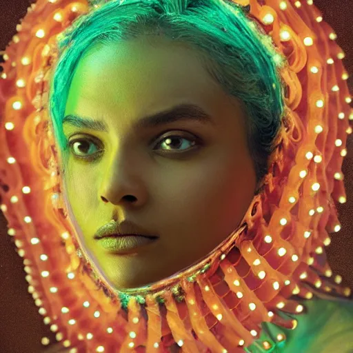 Prompt: a close - up shot of a brown woman wearing a luminous armor made of hundreds of neon jelly fishes. surrounded by jelly fishes. soft lighting. fragile. haunting eyes!! coherent face!! no makeup!! muted colors. by ray caesar. by louise dahl - wolfe. by andrea kowch. surreal photography