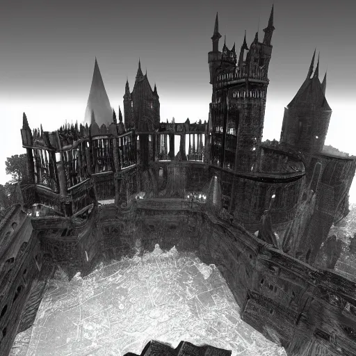 Image similar to an ultra detailed black and white 3 d render of a lonely and impossibly tall ominous gothic dark citadel tower of the evil patriarch, in the style of magic the gathering, in a river elevated high above the city, flintlock fantasy capital city, ultrawide lense, aerial photography, unreal engine, exquisite detail, 8 k, art by greg rutkowski and alphonse mucha