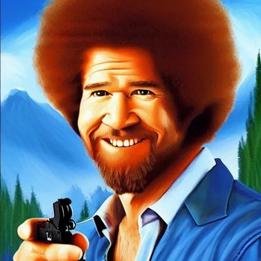 Prompt: Bob Ross with a Glock, Bob Ross painting with a handgun