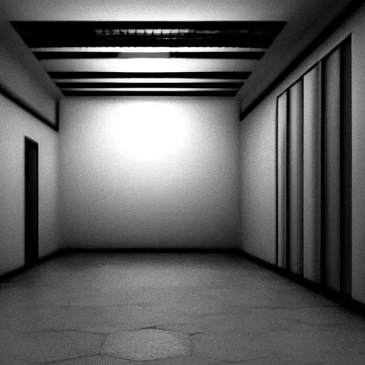 Prompt: an empty backroom at night, dark and scary atmosphere, white hue, photorealistic