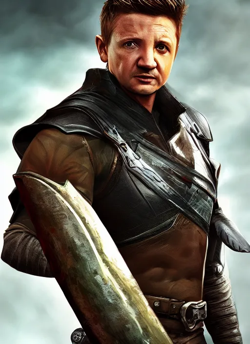 Image similar to A fantasy comic book style portrait painting of Jeremy Renner as a ranger, unreal 5, DAZ, hyperrealistic, octane render, RPG portrait, dynamic lighting
