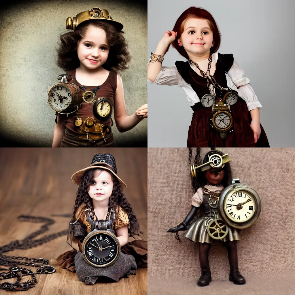 Image similar to steampunk little girl wears a clock necklace