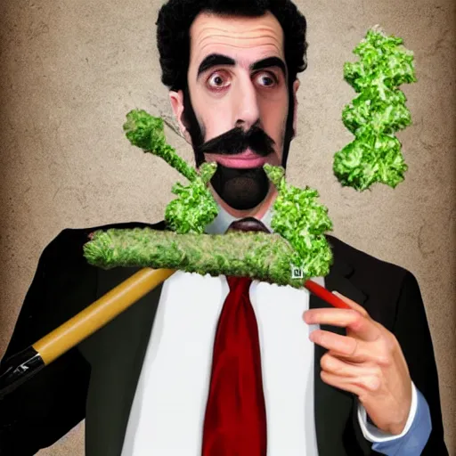 Image similar to Sacha Baron Cohen as borat smoking a giant rolled cannabis cigarette, caricature, smoke, amazing detail, digital art, artstation