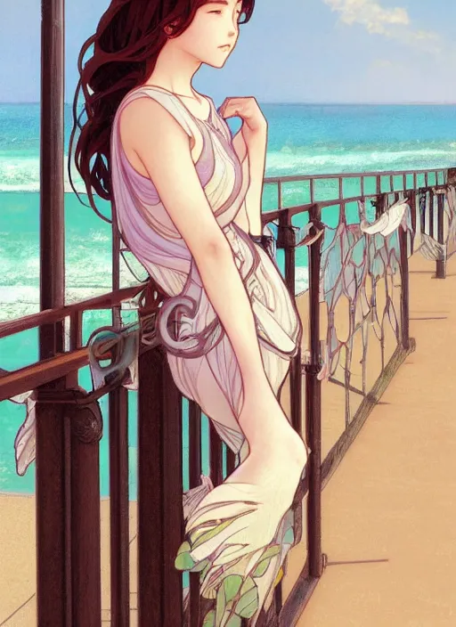 Image similar to pretty young woman leaning against the railing at the beach, path traced, highly detailed, high quality, digital painting, by studio ghibli and alphonse mucha, leesha hannigan, makoto shinkai, disney