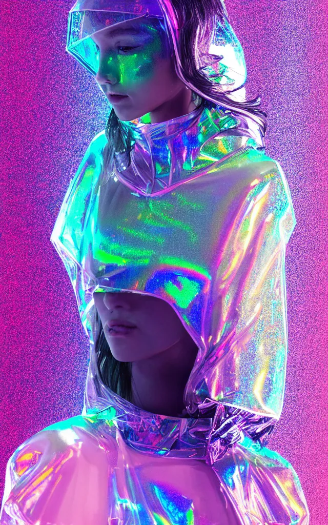 Image similar to transparent sportive poncho, holographic plastic, pearl shine translucency, fashion design, neon illumination, qr detailed sleeves, sport photoshoot, music festival style, digital art, highly detailed, character design, artstation, concept art