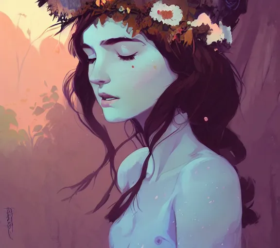 Image similar to portrait of forest godess with flower crown, by atey ghailan, by greg rutkowski, by greg tocchini, by james gilleard, by joe fenton, by kaethe butcher, by ashley wood, dynamic lighting, gradient light blue, brown, blonde cream and white color scheme, grunge aesthetic