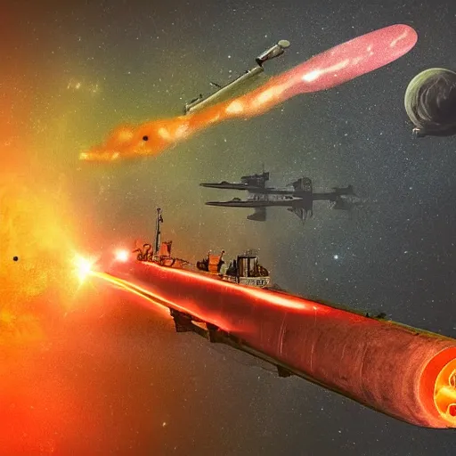Image similar to space submarine, u-boat, big ship big cannons, in orange space nebula, concrete, concrete sun, ww2 space tech, very very very very beautiful digital art, wide angle, far away, from the distance