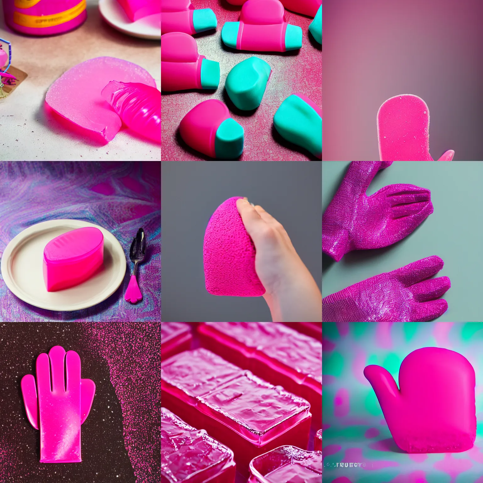 Prompt: product photoshoot of a vibrant pink jello mitten, shiny, commercial, magazine sales, close up, bokeh, depth of field, studio lighting, rule of thirds