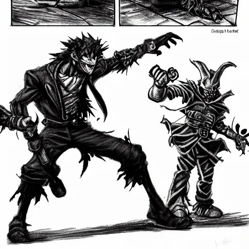 Image similar to goblin performs a stand rush punch attack, hitting a scarecrow in a fire lit tavern, highly realistic sketch, fantasy, jojo, 8 k, dnd