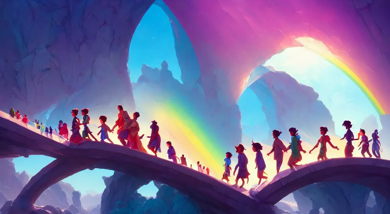 Prompt: incredible, mindblowing, refugees crossing a beautiful bridge made of rainbow hardlight, in marble incrusted of legends official fanart behance hd by jesper ejsing, by rhads, makoto shinkai and lois van baarle, ilya kuvshinov, rossdraws global illumination