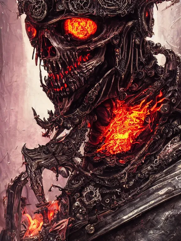 Image similar to portrait art of 8k ultra realistic undead corrupted flaming skull , detailed intricate ornate armour,decaying, cybernetic, full of colour, cinematic lighting, battered, trending on artstation, 4k, hyperrealistic, focused, extreme details,unreal engine 5, cinematic, masterpiece, art by ayami kojima, giger