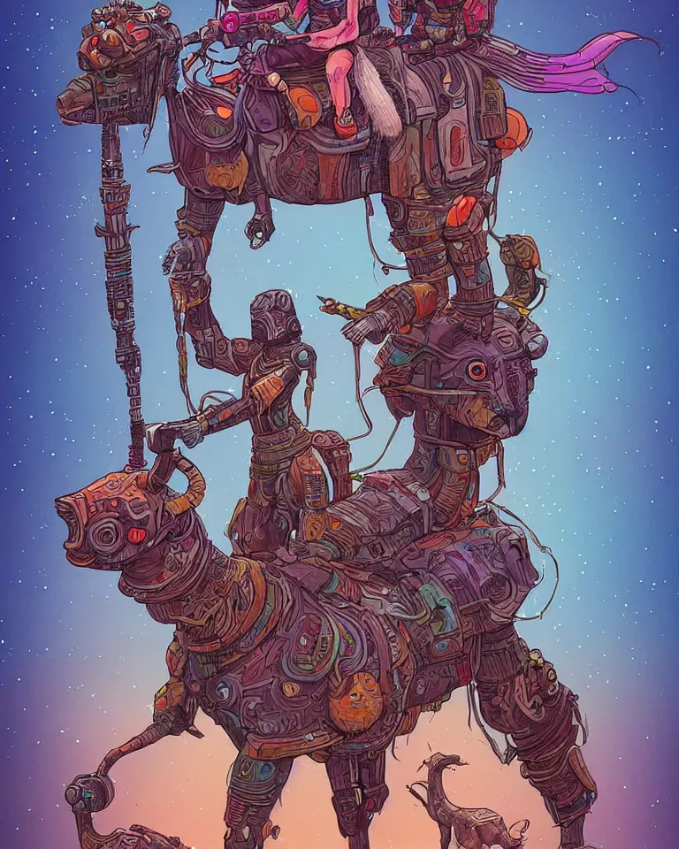 Prompt: full body of scifi warrior riding a long neck lama creature with decorations and tattoos, star wars vibe, art by moebius, clean line, colorful comics style, artstation