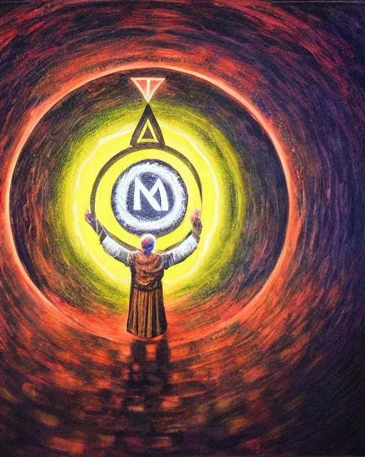 Image similar to acrylic painting of mage reciting an incantation and standing on glowing circular runes in the middle of dark room, high production value, intricate details, high resolution, hyperrealistic, hdr, high definition, masterpiece, ultra realistic, highly detailed, hd, sharp focus, non blurry, sharp, smooth