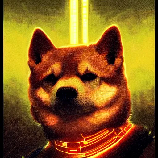 Prompt: tesla power armor realistic cyborg anthropomorphic shiba inu scifi kirlian photography electric field glowing, cyberpunk, portrait art by donato giancola and greg rutkowski, realistic face, glowing in tesla electricity visible magnetic field, digital art, trending on artstation, symmetry