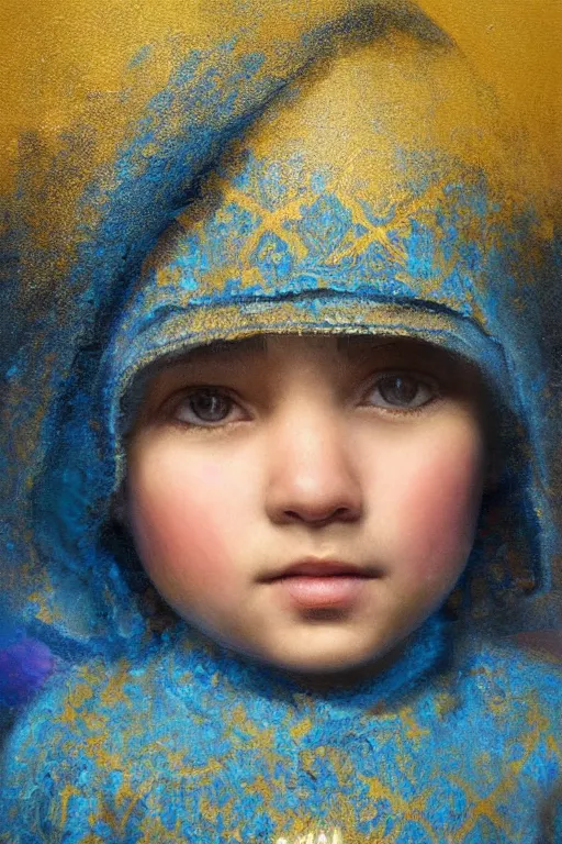 Image similar to little boy, close - up portrait, the portrait is decorated with blue and gold art deco patterns, powerfull, intricate, elegant, volumetric lighting, scenery, digital painting, highly detailed, artstation, sharp focus, illustration, concept art, ruan jia, steve mccurry