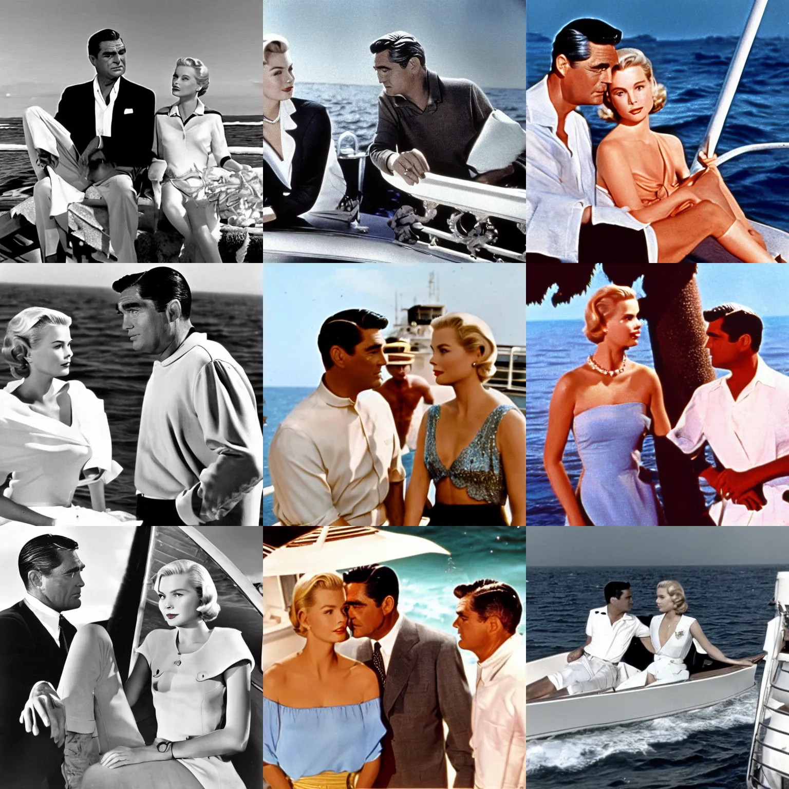 Prompt: scene on the sea from to catch a thief with grace kelly and cary grant