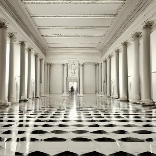 Image similar to grand empty marble museum, architecture, high ceiling, white walls, white floor, ivory, grand lighting, fantasy, ultra - realistic, big halls, ornate