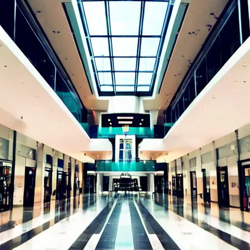 Image similar to A large modern mall with no one in it. Dream like, dark, muted colors.